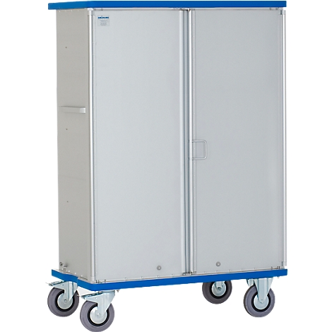 A silver serving cart with two doors, on wheels.