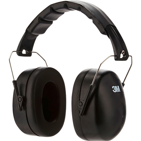 Black ear defenders with padded headband and earcups, silver colored arches. '3M' is written on one earcup.