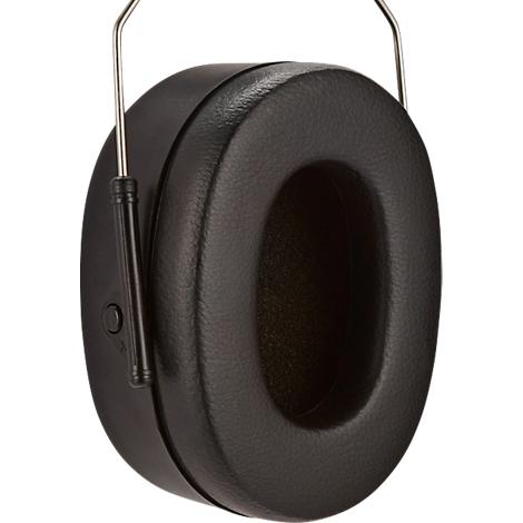 Black earmuffs, ear cup with soft padding, adjustable bracket.