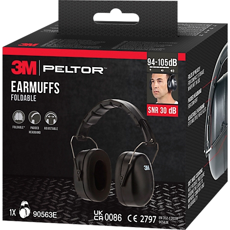 Black foldable earmuffs from 3M Peltor, packaged in a black box. The box contains information about sound dampening.