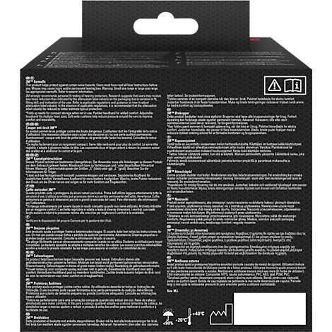 Black and gray packaging with text in multiple languages. A hole for hanging at the top, symbols for temperature and recycling at the bottom.