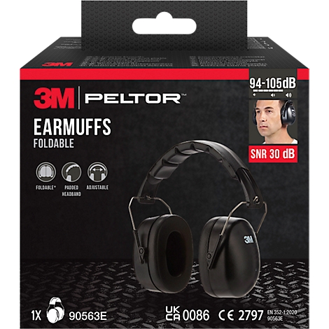 Black 3M Peltor earmuffs, foldable. The packaging displays the product name, technical specifications, and a person wearing headphones.