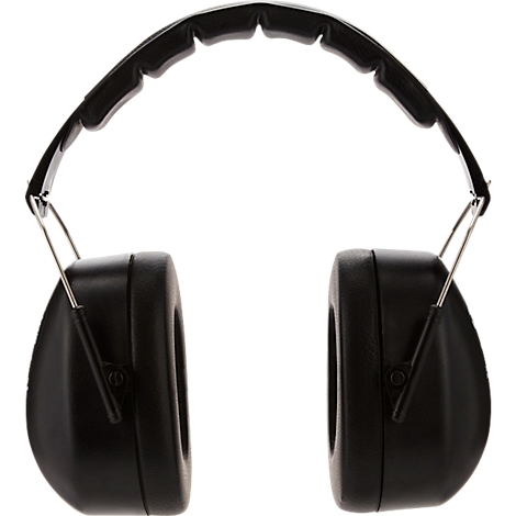 Black ear defenders on a white background. Cushions are attached over the headband.