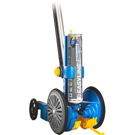 Blue and yellow marking machine with spray can, wheels, and handle. Text: EASYLINE.