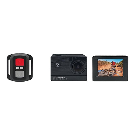 GoXtreme Enduro Black Actionkamera mit Fernbedienung und Display vor weißem Hintergrund.