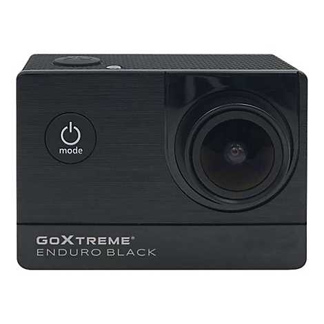 Schwarze GoXtreme Enduro Black Action-Kamera, Frontansicht mit Linse und Modus-Taste.