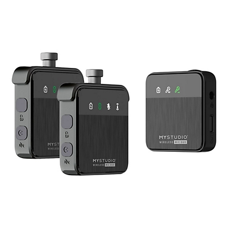Drei schwarze MyStudio Wireless Mic Duo Sender und Empfänger vor weißem Hintergrund.