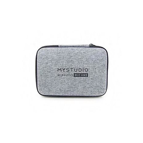 Graue, rechteckige Aufbewahrungstasche mit dem Logo 'MYSTUDIO WIRELESS MIC UNO' auf weißem Hintergrund.