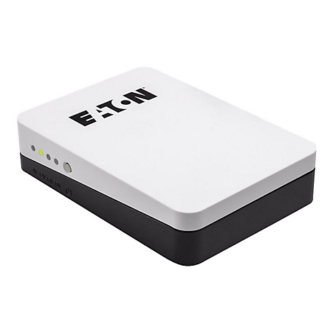 Un appareil rectangulaire blanc avec le logo Eaton noir. Dessus blanc, dessous noir. LumiÃ¨res sur le cÃ´tÃ©.