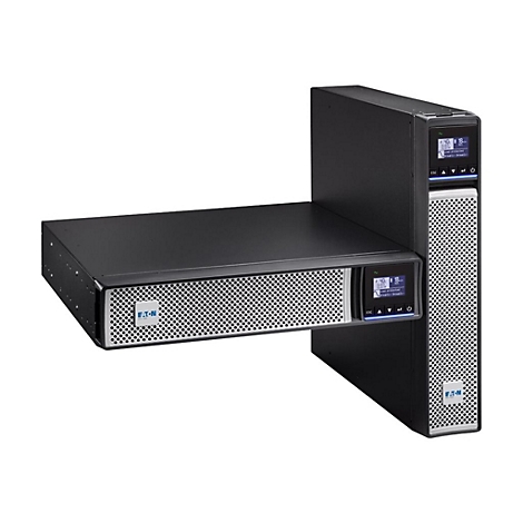 Deux onduleurs noirs, un horizontal, un vertical. Les deux avec Ã©crans et le logo Eaton.