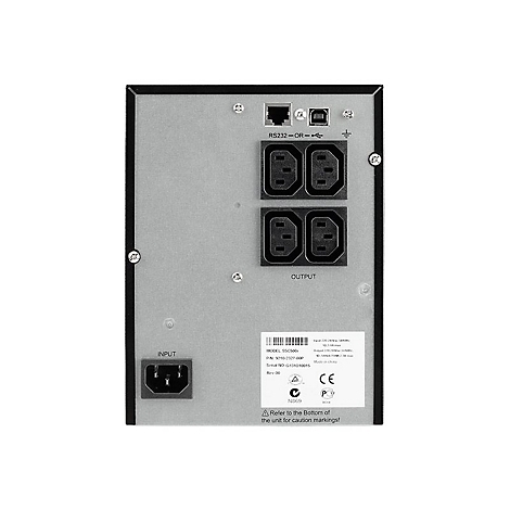 ArriÃ¨re gris d'une alimentation Ã©lectrique avec connecteurs d'entrÃ©e et de sortie, Ã©tiquette et diverses prises.