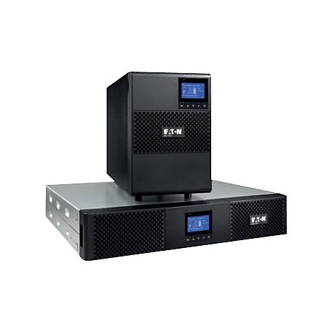 Zwei schwarze USV-GerÃ¤te stehen auf weiÃŸem Hintergrund, mit digitalen Bildschirmen und Eaton-Logo.