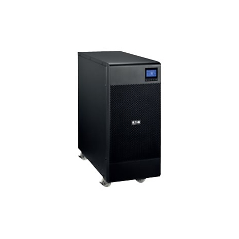 Schwarze USV mit kleinem Display, Eaton-Logo. Das Gerät steht auf Rollen.
