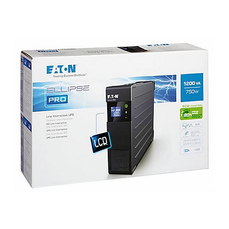UPS von Eaton, verpackt in einer weißen Schachtel. Auf der Schachtel steht "ELLIPSE PRO" und "1200 VA".