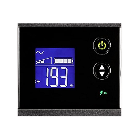 Schwarzes Bedienfeld mit blauem Display, zeigt 193 W an. Oben rechts Power- und Pfeiltasten, unten OK-Symbol.