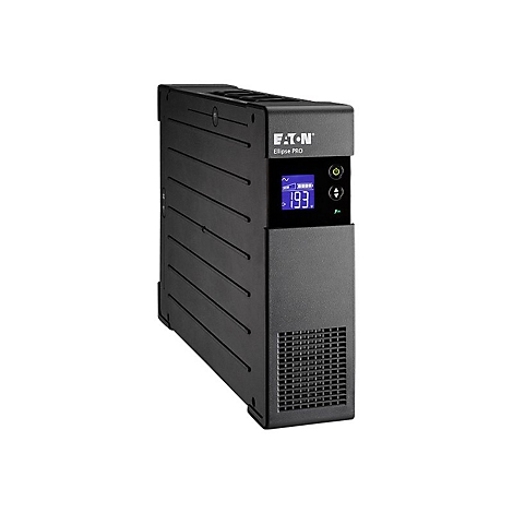 Schwarze Eaton Ellipse Pro USV. Sie hat ein Display mit Stromwerten und Bedienelementen.