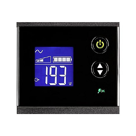 Schwarzes Bedienfeld mit blauem Display. Anzeige: 193W, Batterie- und Stromsymbol. Power- und Pfeiltasten. Ok-Licht.