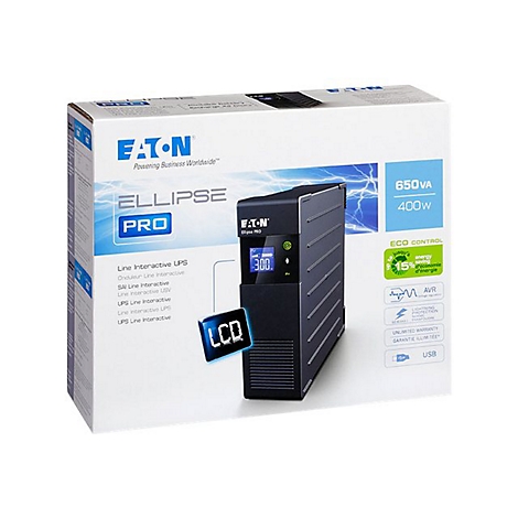 Eaton Ellipse Pro USV in Verpackung. Schwarz, mit Display, Aufschrift LCD, Angaben zu Leistung.