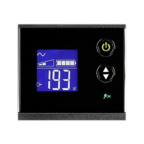 Schwarzes Bedienfeld mit blauem Display: 193W Leistung, Ladezustand, Symbole. Ein/Aus-Taste und Pfeiltaste, OK-Anzeige.