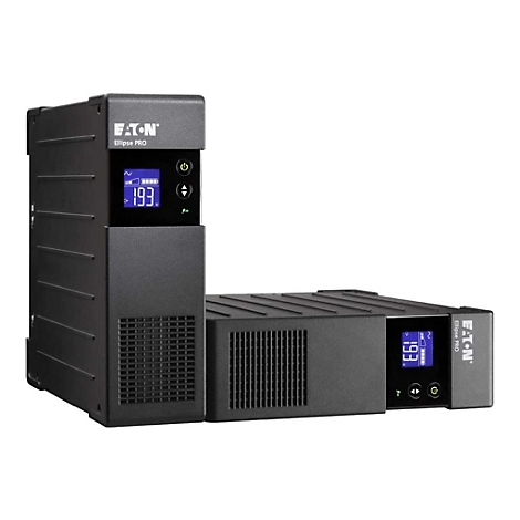 Zwei schwarze Eaton Eclipse Pro USV-Geräte. Beide zeigen Messwerte auf blauen Bildschirmen an.