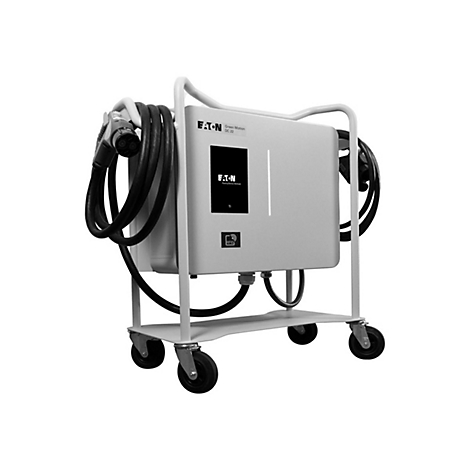 Elektroauto-Ladestation auf einem weißen, rollbaren Gestell. Ein dickes schwarzes Kabel ist aufgerollt. Das Logo von Eaton ist zu sehen.