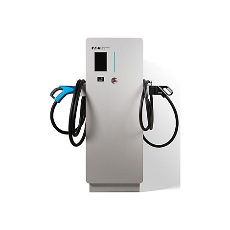 Elektro-Ladestation mit zwei Ladekabeln, grauem Gehäuse und blauem Stecker.