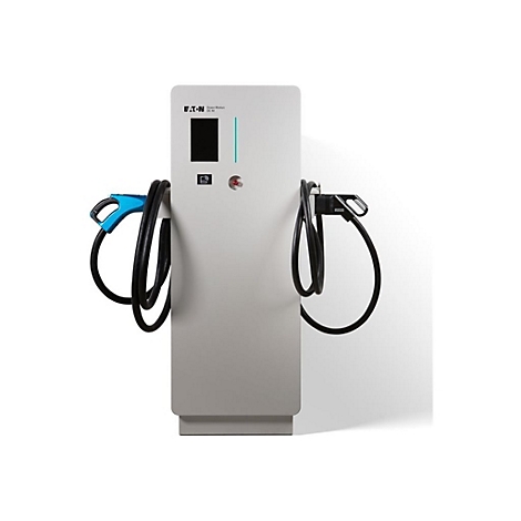 Elektroladesäule, hellgrau, mit zwei Ladekabeln, eines blau, eines schwarz. Aufschrift EATON.