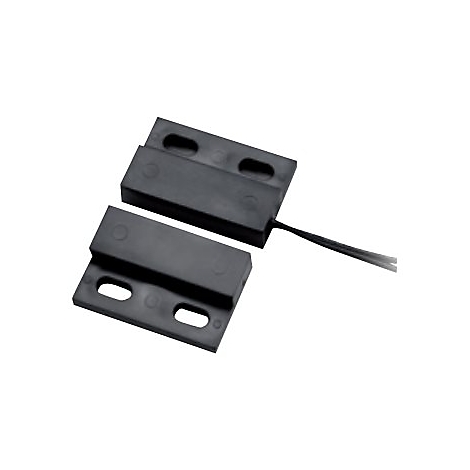 Zwei schwarze Magnetschalter, rechteckig mit Löchern und Kabeln. Auf weißem Hintergrund.