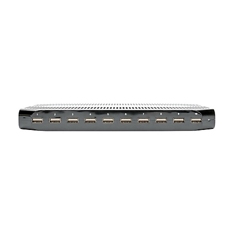 Schwarzer USB-Hub mit zehn Anschlüssen, auf weißem Hintergrund. Jede Öffnung ist mit einer Zahl gekennzeichnet.