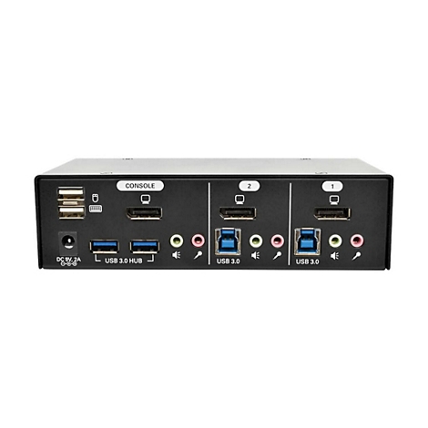 Schwarzer USB-Switch mit verschiedenen Anschlüssen, darunter USB 3.0 und HDMI, beschriftet mit 'CONSOLE', '1' und '2'.
