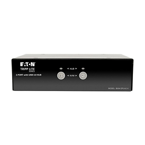 Schwarzer KVM-Switch mit der Aufschrift "Eaton Tripp Lite". Zwei Knöpfe mit den Ziffern 1 und 2. Weitere Beschriftungen sind "HUB" und "KVM".