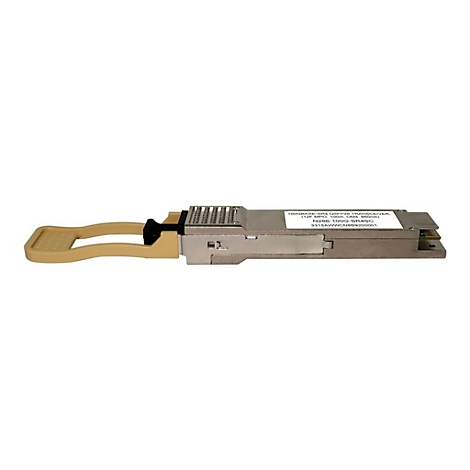 Ein silberner Transceiver, der teilweise beige ist. Auf dem Etikett steht "100GBASE-SR4 QSFP28 TRANSCEIVER".