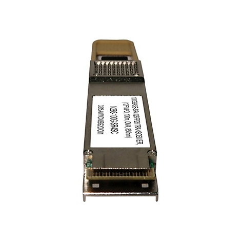 Ein grauer Transceiver mit Textetiketten. Details: 100GBASE-SR4, N286-100G-SR4SC, 100m, OM4, 850nm.