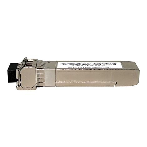 Ein silberner SFP+ Transceiver mit schwarzem Stecker und Text: 10GBASE-SR SFP+ Transceiver. (LC Duplex 850nm).