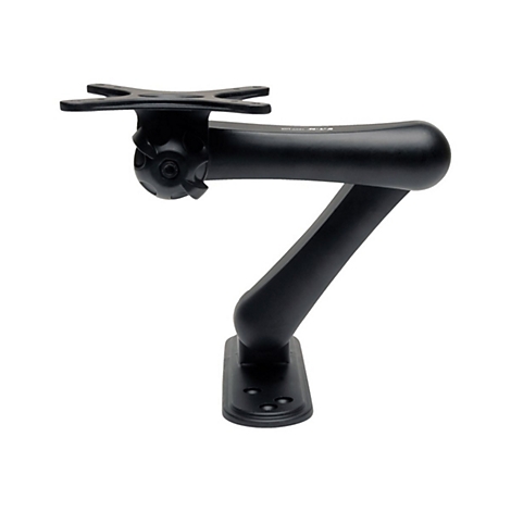Schwarze Monitorhalterung. Sie hat einen WandfuÃŸ, einen Arm und eine Halterung fÃ¼r den Monitor.