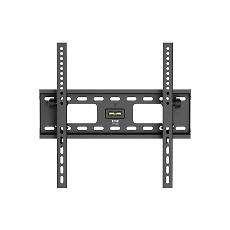 Schwarze TV-Wandhalterung, Blick von vorne. Mit Wasserwaage, Schrauben und Herstellerlogo.
