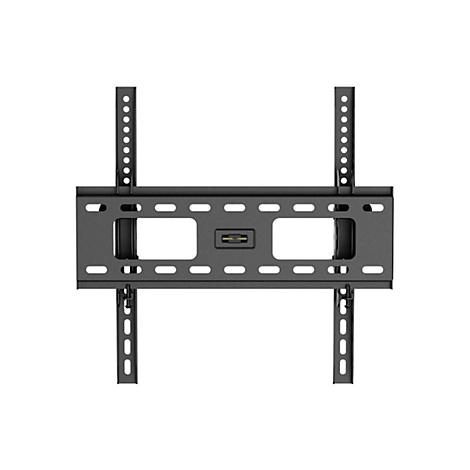Schwarze TV-Halterung, aus Metall, mit Löchern und Wasserwaage. Vor weißem Hintergrund.