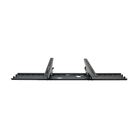 Schwarze TV-Wandhalterung, Frontansicht, freigestellt auf weißem Hintergrund. Zwei Stützen sind abgewinkelt und mit Bohrungen versehen.