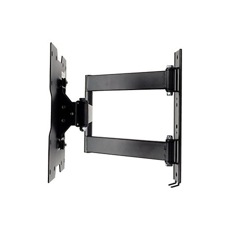 Schwarze, an der Wand montierte TV-Halterung mit Gelenken, vor weißem Hintergrund. Details wie Schrauben und Löcher sind erkennbar.