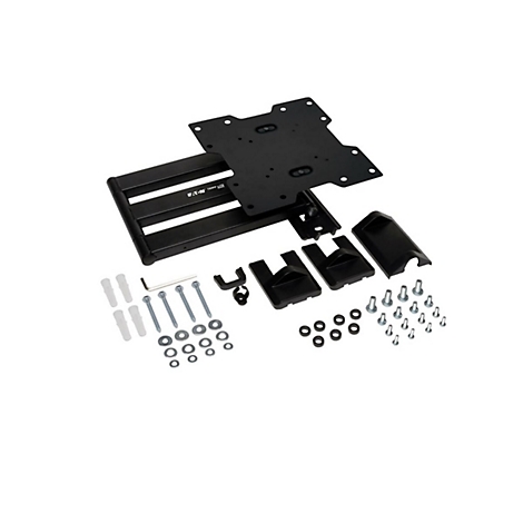 Schwarze TV-Halterung mit Zubehör, Schrauben und Unterlegscheiben, auf weißem Hintergrund.