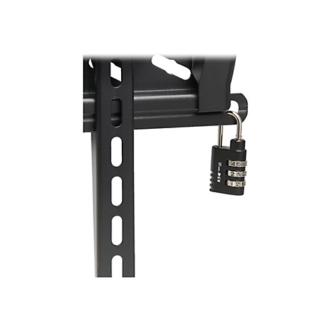 Nahaufnahme eines schwarzen Kombinationsschlosses, das an einer schwarzen Halterung befestigt ist. Die Ziffern sind 3456, 1234 und 0125.