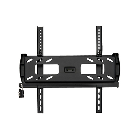 Schwarze TV-Wandhalterung, mit Lochmustern und Sicherungsschloss. Der Hintergrund ist weiß.