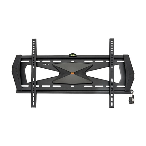 Schwarze TV-Halterung mit Wasserwaage und Schloss.