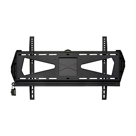 Schwarze TV-Wandhalterung vor weißem Hintergrund. Mit Sicherheitsverschluss und Wasserwaage.