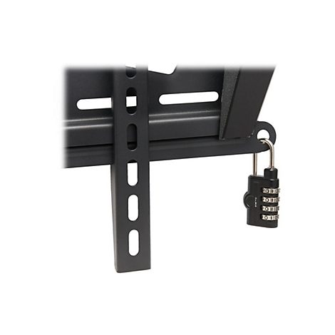 Schwarze Halterung mit Zahlenschloss. Die Halterung hat Löcher und Schlitze. Das Schloss ist mit Ziffern von 0-2 gekennzeichnet.