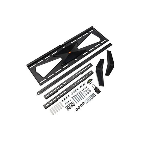 Schwarze TV-Halterung mit Zubehör, Schrauben, Dübeln, Wasserwaage und Schloss.