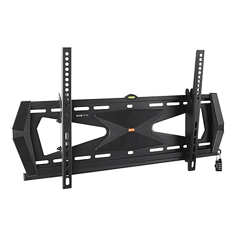 Schwarze TV-Wandhalterung, mit Wasserwaage, zwei vertikalen Trägern und Schloss. 