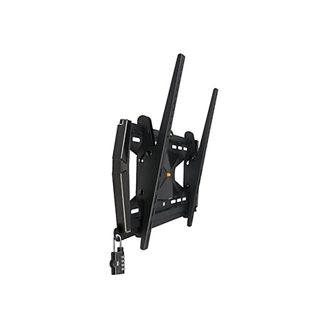 Schwarze TV-Wandhalterung, mit Zahlenschloss gesichert. Auf weißem Hintergrund.