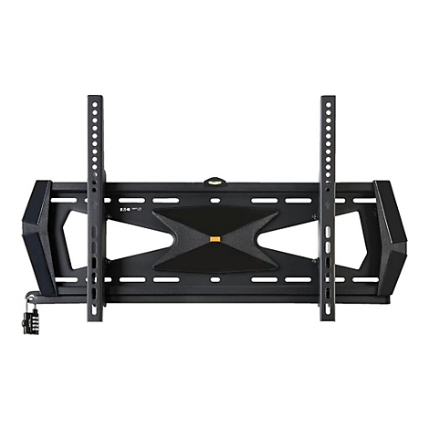 Schwarze TV-Wandhalterung, mit vertikalen Streben und Sicherheitsschloss. Das Produkt ist vor weißem Hintergrund abgebildet.