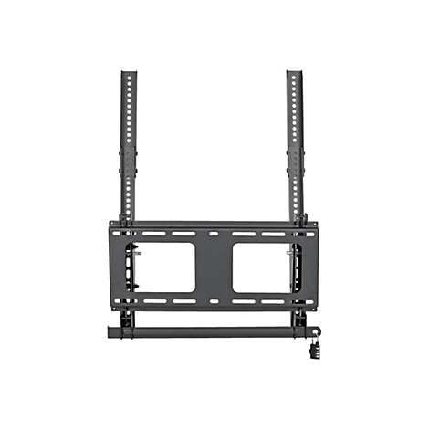 Schwarze TV-Wandhalterung, Frontansicht, auf weißem Hintergrund. Mit Löchern, Schlitzen und Halterungen für Montage.